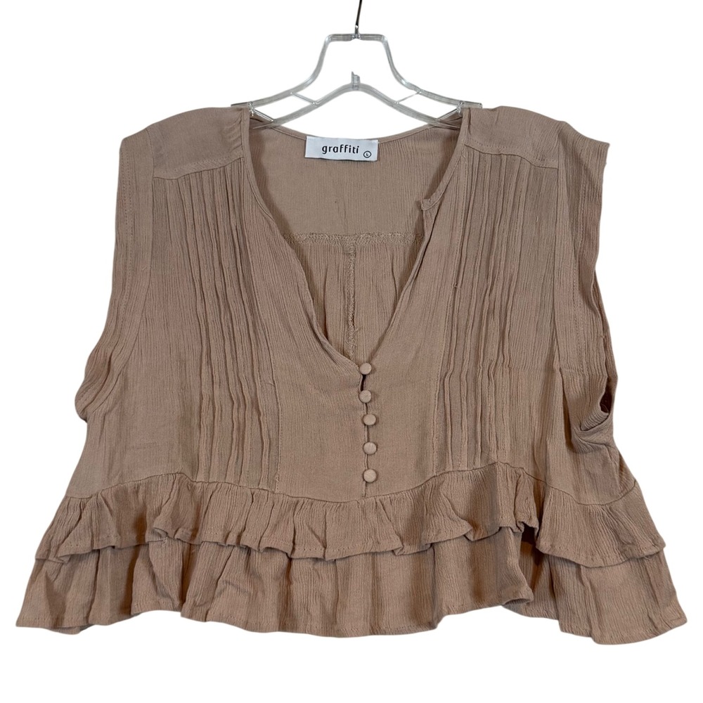 Womens Mauve Tan Crinkle Ruffle Hem Sleeveless V-Neck Top L Cottagecore Festival